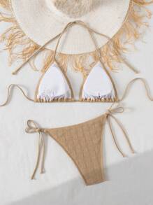 Swim Basics 2pcs Twist & Two-Tone Sexy Knit Texture Women Bikini Set, Elegant Spaghetti Strap Party/Outgoing Swimwear, For Summer Beach Vacation