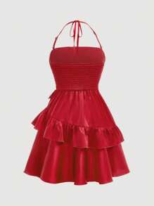 SHEIN Vestido rojo elegante de punto sin mangas con cuello de halter de doble capa para niñas preadolescentes, vestidos para vacaciones, bailes de graduación, vestidos de gala, vestidos de gala cortos para cumpleaños - Burdeos - Ver 3