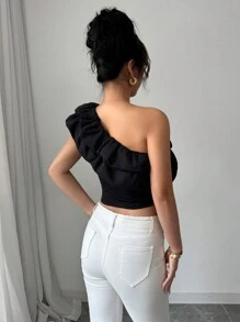 Elenzga Áo thun nữ thanh lịch thanh lịch màu trơn cổ áo bất đối xứng viền xếp nếp cắt ngắn - màu đen - Xem 3
