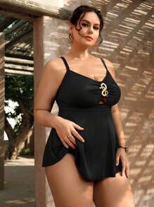 Swim Lushoire Große Größen elegantes Metallschmuckstück in Schlangenform, Tankini-Set mit Oberteil und Unterteil für den Sommerurlaub am Strand - Schwarz - Übersicht 7