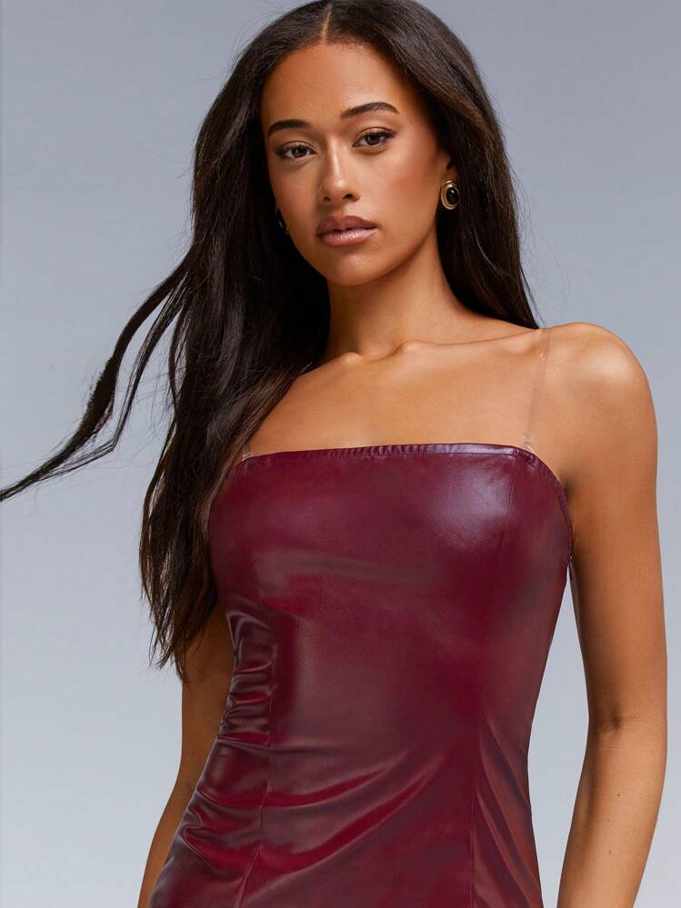 burgundy leather strapless dress Denise Strapless Ruched Faux Leather Maxi Dress - Formal Maxi Dresses