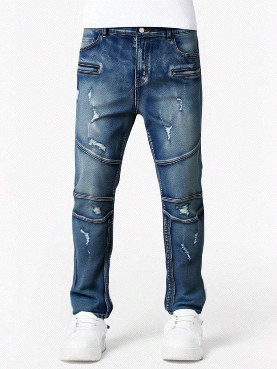 Manfinity Hypemode Plus Size Men's Dark Blue Washed Denim Casual Elastic Skinny Jeans - Dark Wash - View 1