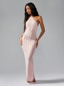 MISSGUIDED Đầm maxi cổ yếm dệt kim gân thanh lịch, ôm sát cơ thể, không tay, dài đến sàn, thích hợp cho tiệc cưới, dự tiệc, có xẻ tà bên. - Bụi hồng - Xem 1