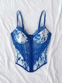 Soleia 度假花卉蕾丝拼布复古女式背心，带鱼骨印花，蓝色和白色