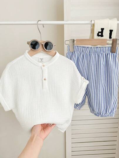 2 件套年轻男孩休闲假日学院风半拉链领短袖插肩上衣和条纹宽松短裤套装，适合儿童服装，年轻男孩服装，返校，男孩套装，适合生日派对、晚会、表演、婚礼、洗礼、开幕式、服装、日常使用、学校、旅行、运动、春夏