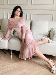 DAZY 女士花卉印花喇叭袖鱼尾中长连衣裙优雅、荷叶边、秋季连衣裙长袖连衣裙 - 粉色 - 查看 8