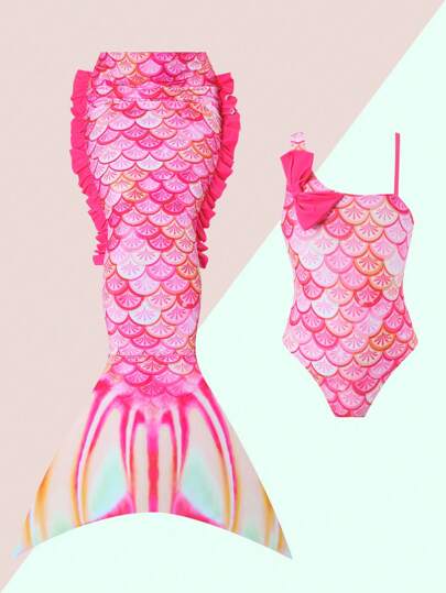 Young Girl Asymmetric Neck One-Piece Swimsuit With Printed Ribbon Decorative Details, Paired With Mermaid Skirt, Beach Vacation