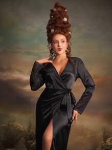 PinupPomp 复古宫廷风格女式缎面网眼蕾丝长袍 - 黑色 - 查看 5