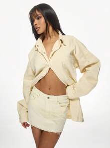 MISSGUIDED Raw Edge Distressed Frayed Hem Mini Denim Skirt High Waist Casual Summer Festival Short Jean Skirt Street Style Fashion - Beige - View 1