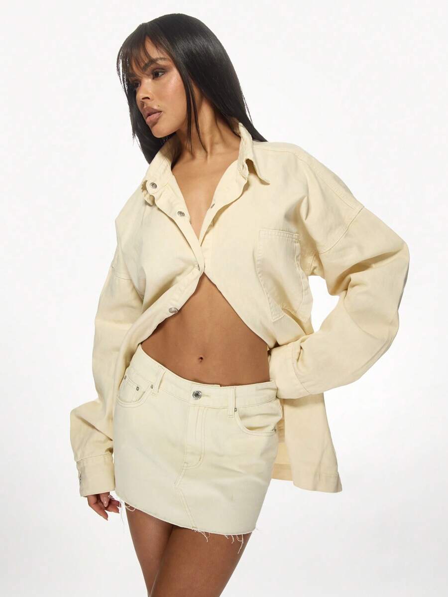 MISSGUIDED Raw Edge Distressed Frayed Hem Mini Denim Skirt High Waist Casual Summer Festival Short Jean Skirt Street Style Fashion - Beige - View 1