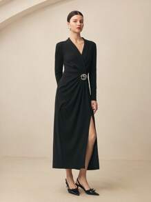 BizChic 优雅白色金属纽扣装饰褶皱女式春夏连衣裙，适合正式场合 - 黑色 - 查看 3