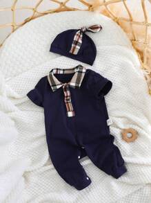 2pcs/Set Newborn Baby Boy Collegiate Style Color-Block Short Sleeve Romper And Long Pants With Hat, Casual & Versatile, All Season