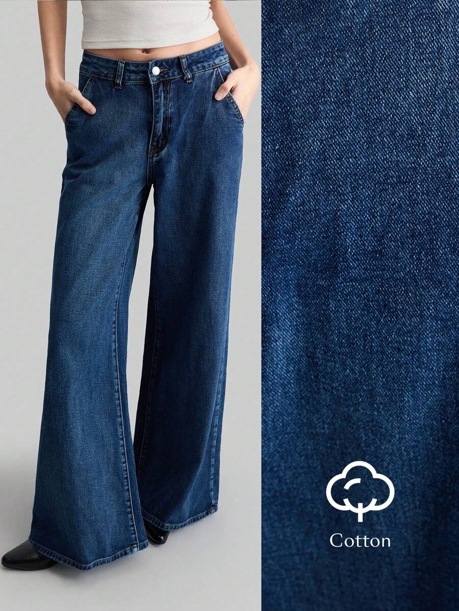 Ontre 2025 新款女士休闲复古低腰喇叭牛仔裤，女士牛仔服装，春夏宽松牛仔裤 - 藍色 - 查看 1