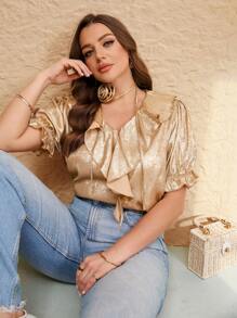Elaquor Plus Size Women's Elegant Metal-Effect Ruffle Hem Blouse - Gold - View 2