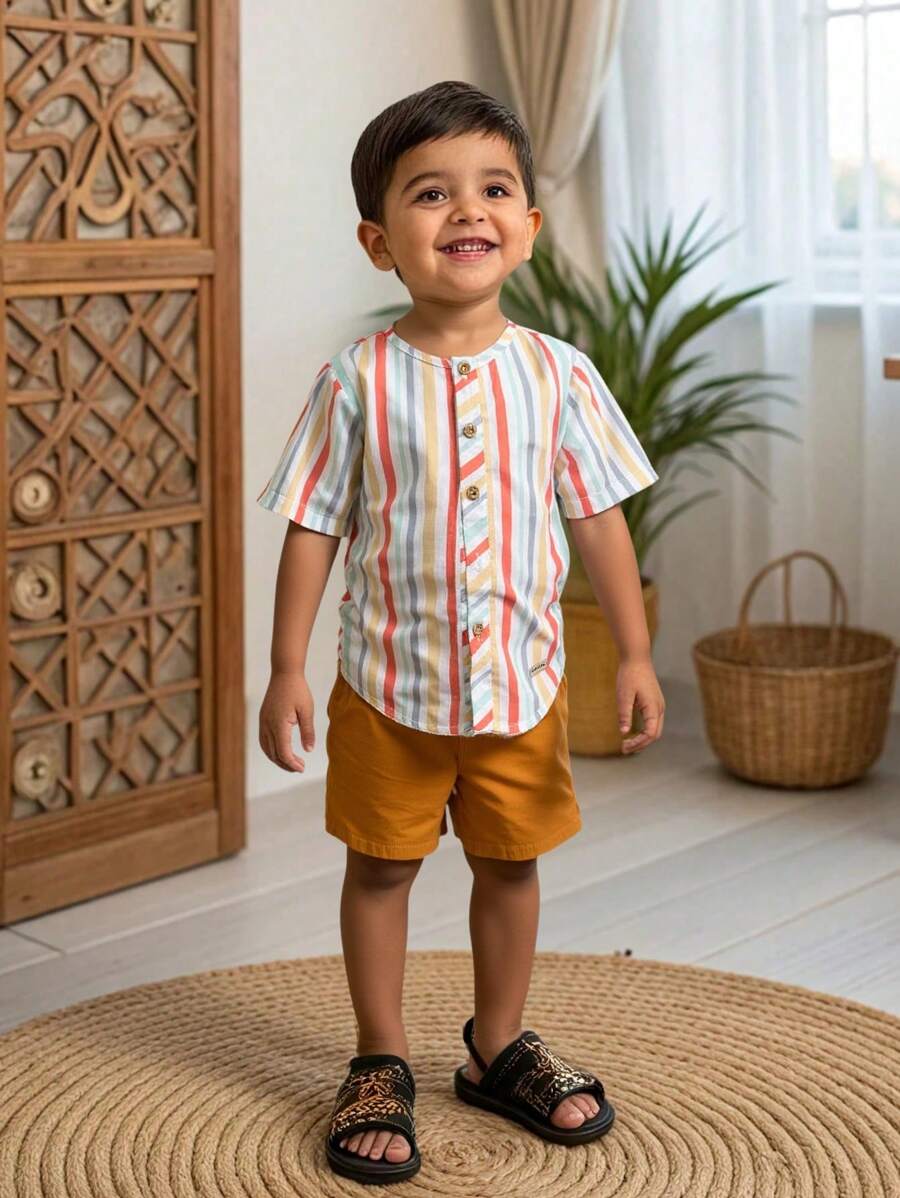 SHEIN Conjunto de 2 piezas con top de manga corta a rayas y shorts de color liso para niño pequeño - Multicolor - Ver 1