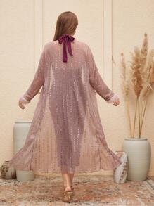 SHEIN 2 Pieces Set: Fashionable Colorblock Sequin Faux Fur Cuff Jacket And Bodycon Maternity Dress - Dusty Pink - View 2