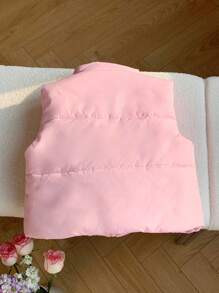 SHEIN EZwear Cropped Padded Vest, Sleeveless, Solid Color, For Winter - Baby Pink - View 2