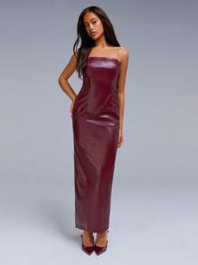 Athîral 女士时尚纯色露肩连衣裙 - 酒紅色 - 查看 2