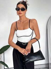 SHEIN Essnce Bodysuit Top Contrasted Strappy Bodysuit Women's Fashionable Contrast Color Trim Cami Bodysuit