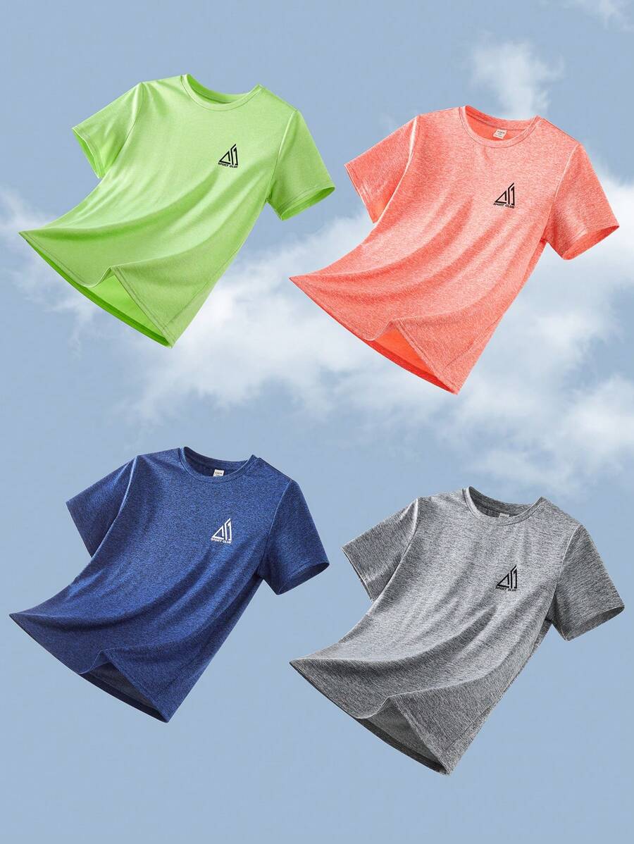 SHEIN Leap Crew 4pcs/Set Tween Boy Sports Logo Elastic Fabric Round Neck Short Sleeve Top, Professional Sports Casual Wear Suitable For Daily, Sports, Spring & Summer, Fitness, Running, Outdoor - Multicolor - View 1