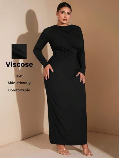 SHEIN BAE Plus Size Women's Stand Collar Long Sleeve Tight Fit Dress, Coffee Color, Elegant & Sexy, Suitable For Autumn/Winter Layering, Romantic Dates, Formal Occasions, Parties, Commuting, Night Out