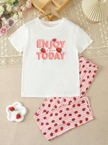 2pcs/Set Teen Girls Cute Sweet Strawberry Striped Print White Short Sleeve Top & Pants Set, Comfortable Crew Neck Summer/Spring Loungewear