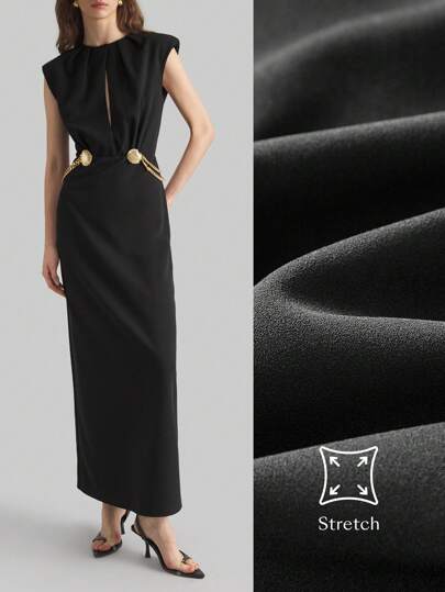 Ontre 2025 New Spring Women's Long Straight Dress With Metal Waist Decor, Valentine's Day, Round Neck, Sleeveless, Pleated Structure, Black Color Spring Apparel