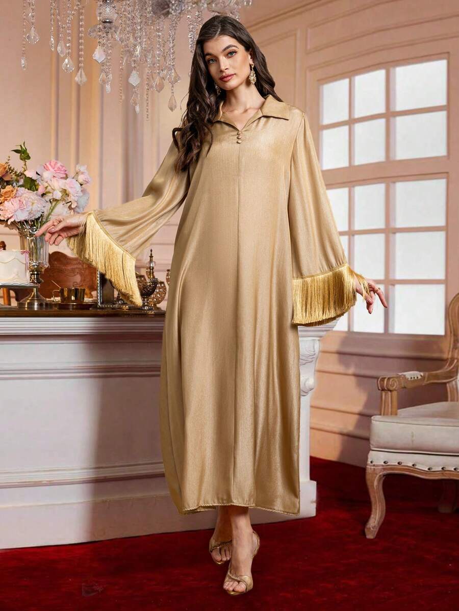 SHEIN Clasi 女士纯色拼布流苏装饰长袖简约长裙 - 金色 - 查看 1
