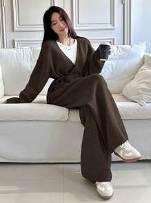 DAZY 2 件套女士办公室服装 - 长袖开衫和针织长裤，春季、秋季服装