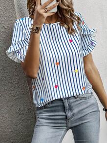 SHEIN Clasi 1 件女士情人节心形条纹印花短袖衬衫 - 藏蓝色 - 查看 4