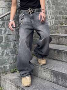 Men's Loose Casual Jeans With Pockets, Everyday Wear - Grey - View 3