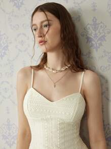 SHEIN MOD 腰部收紧分层荷叶边下摆钩针编织连衣裙 - 杏色 - 查看 8