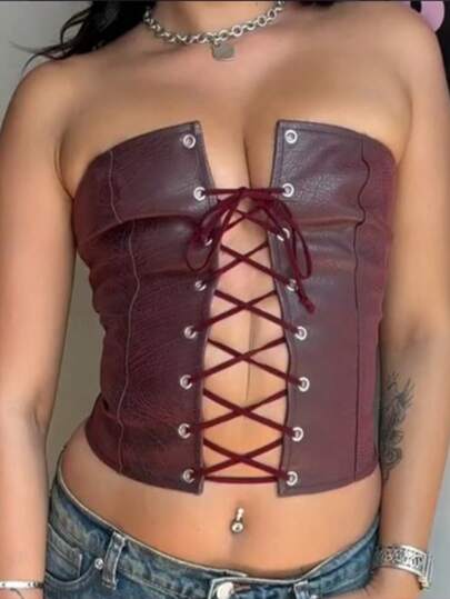 Zolique 2025 Spring/Summer PU Cropped Strapless Top Cross Straps Chest Leaky Top Sexy Casual And Versatile