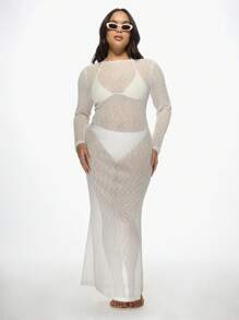 MISSGUIDED PLUS Sparkly Plus Size Long Sleeve Mesh Evening Maxi Dress Transparent Glitter Party Dress Overlay With Bralette Wedding Guest Special Occasion Dress - White - View 1
