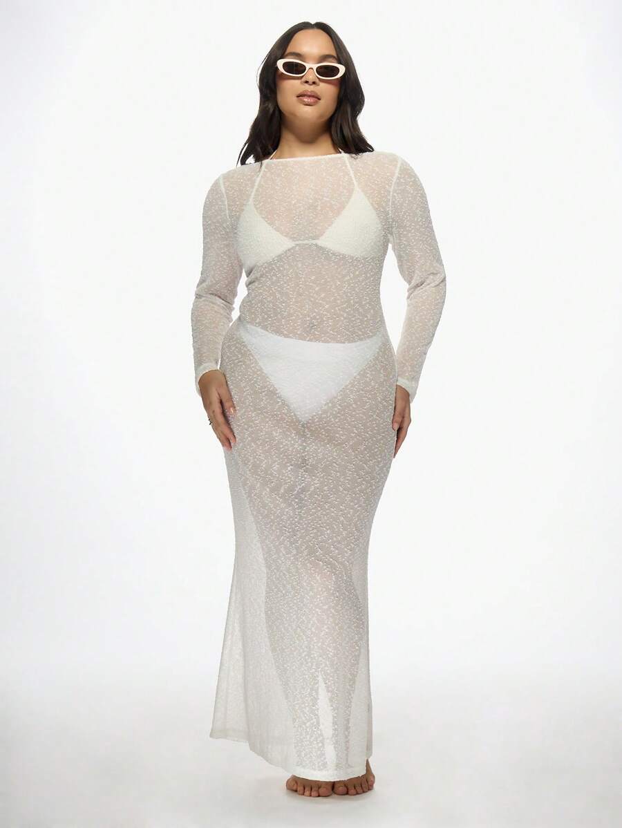 MISSGUIDED PLUS Sparkly Plus Size Long Sleeve Mesh Evening Maxi Dress Transparent Glitter Party Dress Overlay With Bralette Wedding Guest Special Occasion Dress - White - View 1