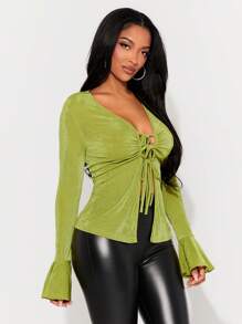 SHEIN SXY Early Spring Forest Green Top With Bowknot Collar And Flare Long Sleeves