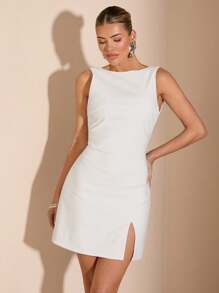 SHEIN BAE 纯黑色性感简约露背紧身开衩下摆连衣裙，适合鸡尾酒会、浪漫约会、秋冬分层穿着、聚会、派对、正式场合、万圣节和圣诞节、白色毕业礼服、商务休闲女士 - 白色 - 查看 4