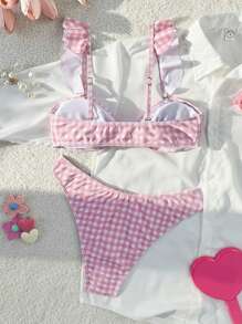 Swim Mod 2pcs Springbreak Women Beachwear Summer Outfits, New Gingham Pattern Pink Ruffled Strap Chest Tie Cute Bikini Set - Pink - View 5