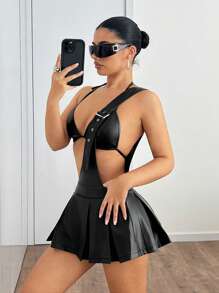 SHEIN ICON 2 件套三角杯吊带背心和褶皱肩带 PU 迷你裙