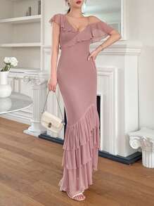 DAZY Women's Solid Color Asymmetric Neck Ruffled Fishtail Hem Fitted Elegant Mid-Length Dress Sundress - Pink - View 2