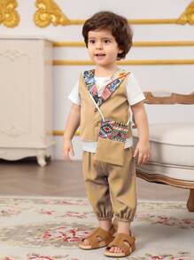 男婴复古图案印花翻领斋月斋月长袍背心 - 卡其色 - 查看 3