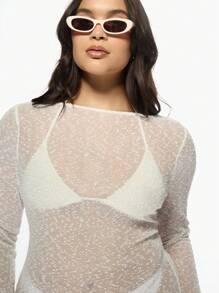 MISSGUIDED PLUS Sparkly Plus Size Long Sleeve Mesh Evening Maxi Dress Transparent Glitter Party Dress Overlay With Bralette Wedding Guest Special Occasion Dress - White - View 5