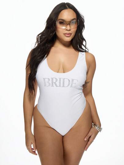 MISSGUIDED PLUS Luxury Rhinestone BRIDE One Piece Swimsuit Wedding Bachelorette Beach Party Plus Size Bathing Suit Honeymoon Beachwear Bridal Shower Gift