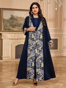 Al Najma Abaya de style arabe élégante à imprimé floral et manches longues pour femmes grandes tailles
