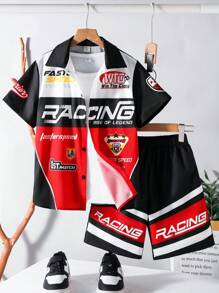 SHEIN 2pcs/Set Tween Boy Casual Korean Street Style Race Car Print Short Sleeve Shirt And Shorts Set, Suitable For Commute, School, Daily Casual Wear, Sports, Spring/Summer