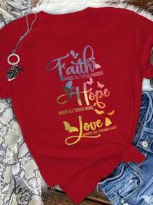 Calvaya Plus Size Slogan English Letter Print Okrągły dekolt Krótki rękaw T-shirt Wiara SPRAWIA, ŻE WSZYSTKO JEST MOŻLIWE Nadzieja SPRAWIA, ŻE WSZYSTKO DZIAŁA Miłość SPRAWIA, ŻE WSZYSTKO JEST ŁATWE Na Nowy Rok Damska koszulka z nadrukiem na lato