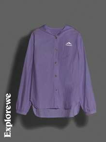 SHEIN Camisa com capuz e estampa de montanha para meninas adolescentes, manga comprida, abotoamento simples - Roxa - Ver 3