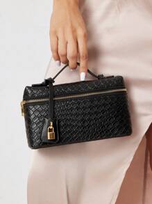 SHEIN SXY Túi xách nữ, Túi xách tay nữ, Túi dệt, Thời trang, Đơn giản, Thanh lịch, Đa năng, Cổ điển, Túi dệt PU, Túi màu đỏ, Trang trí ổ khóa kim loại, Đi làm, Văn phòng, Hẹn hò, Hàng ngày, Mua sắm, Trà chiều - màu đen - Xem 1