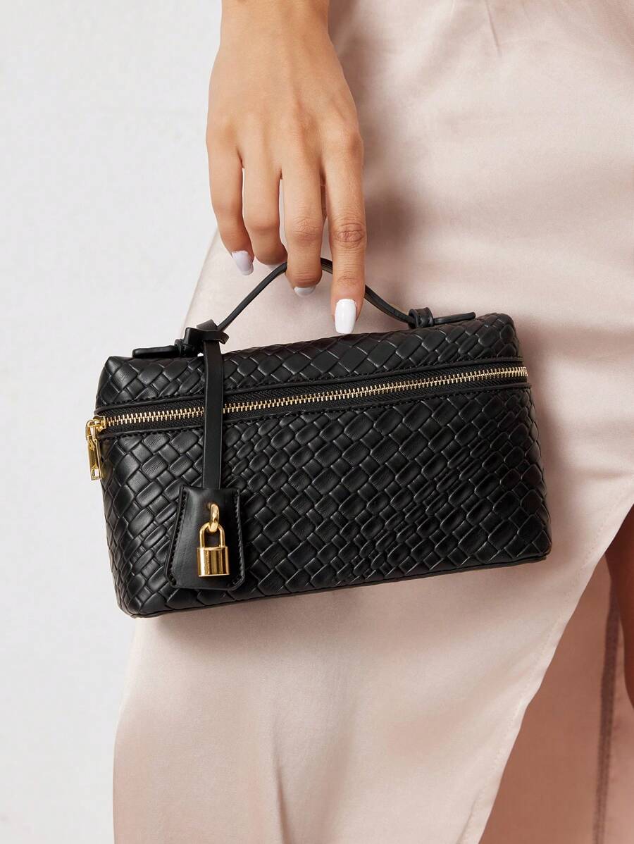 SHEIN SXY Túi xách nữ, Túi xách tay nữ, Túi dệt, Thời trang, Đơn giản, Thanh lịch, Đa năng, Cổ điển, Túi dệt PU, Túi màu đỏ, Trang trí ổ khóa kim loại, Đi làm, Văn phòng, Hẹn hò, Hàng ngày, Mua sắm, Trà chiều - màu đen - Xem 1