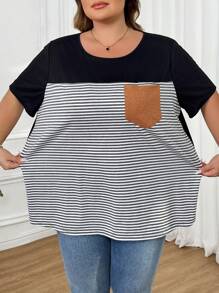 SHEIN CURVE+ 大码女式拼色条纹贴片 T 恤 - 黑與白 - 查看 4
